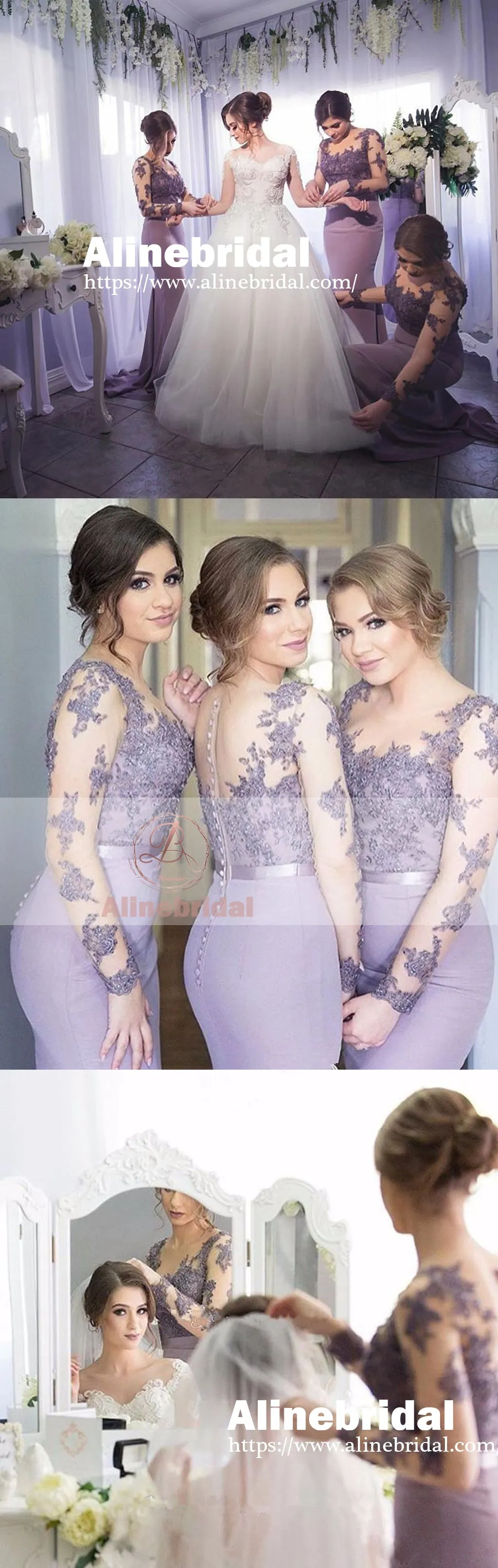 Elegant Lilac Lace  Long Sleeve Illusion Back Scoop Neck  Mermaid Bridesmaid Dresses. AB1193