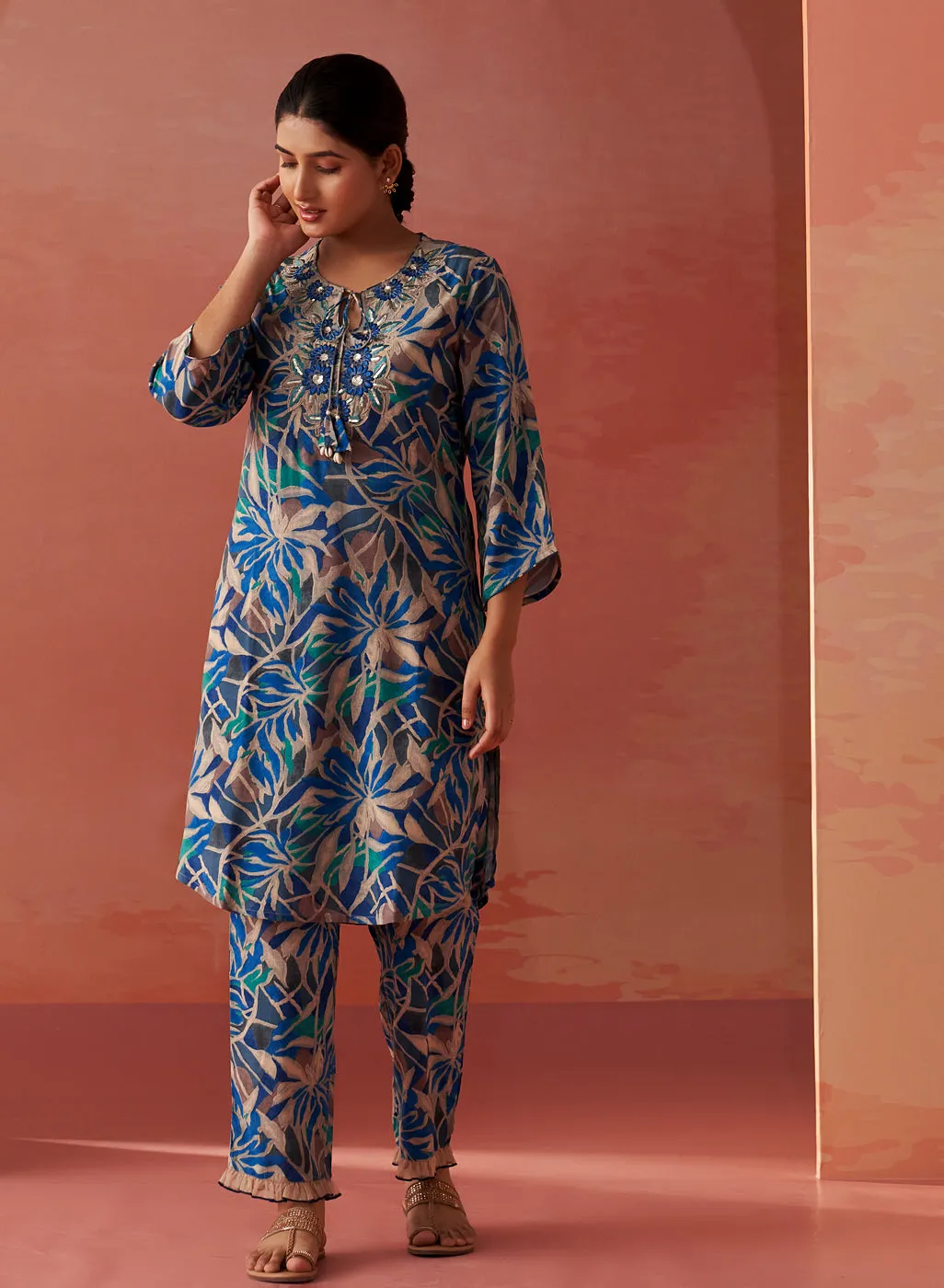 Emaira Blue Printed Rayon Co-ord Set for Women