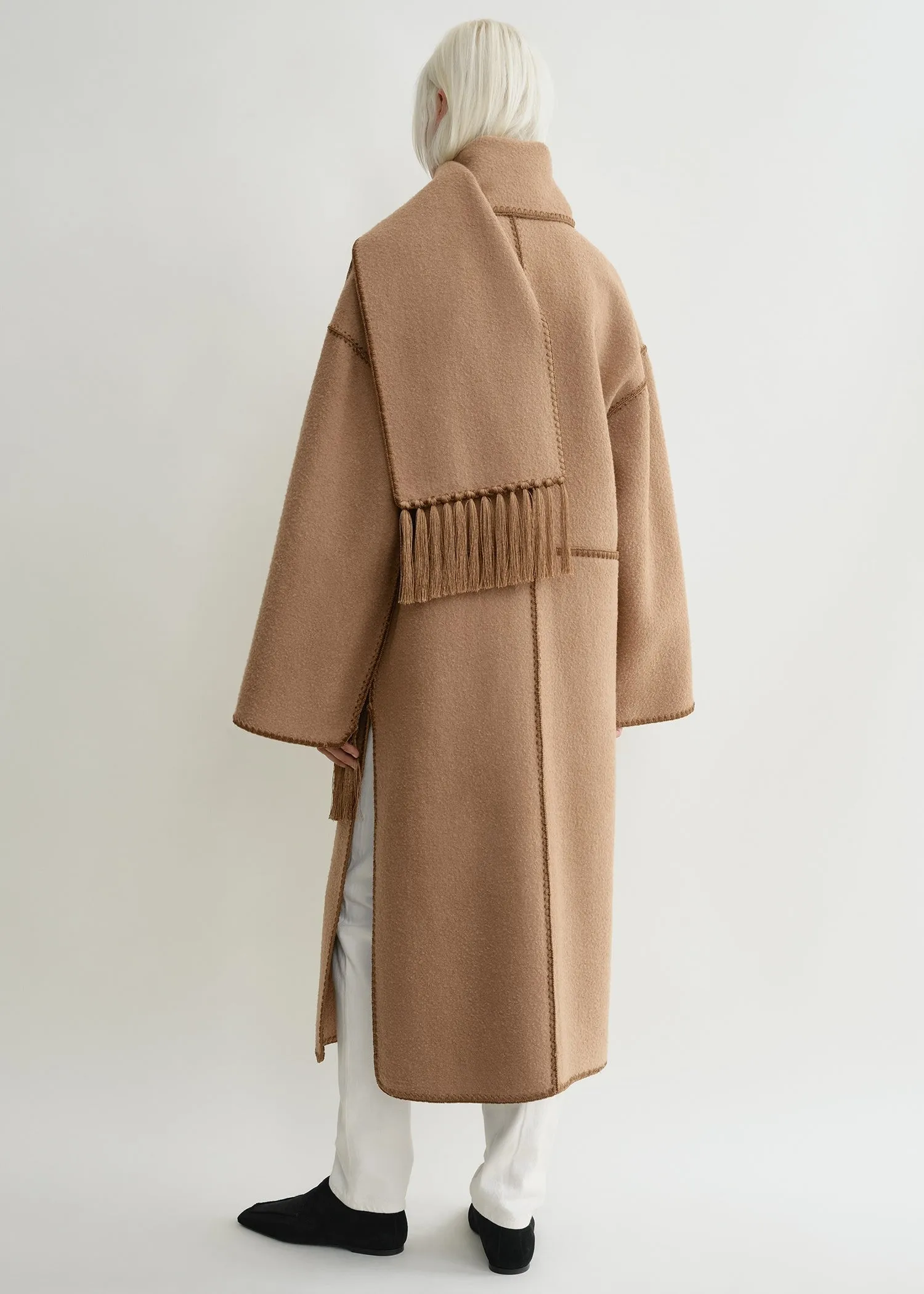 Embroidered scarf coat camel