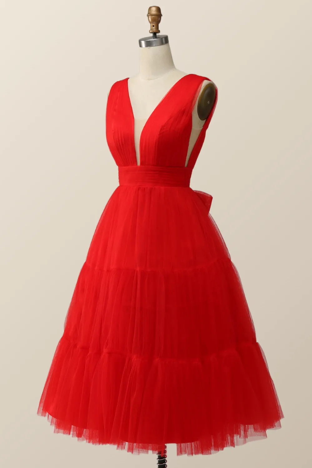 Empire Red Tulle A-line Midi Dress