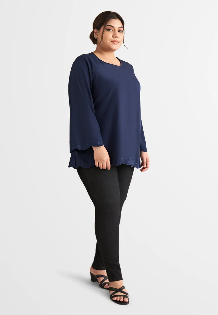 Erica Scallop Embroidery Edge  Blouse - Dark Blue