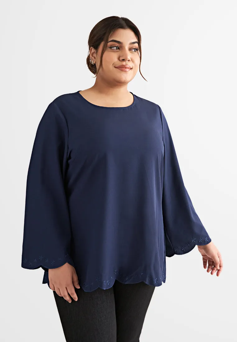 Erica Scallop Embroidery Edge  Blouse - Dark Blue