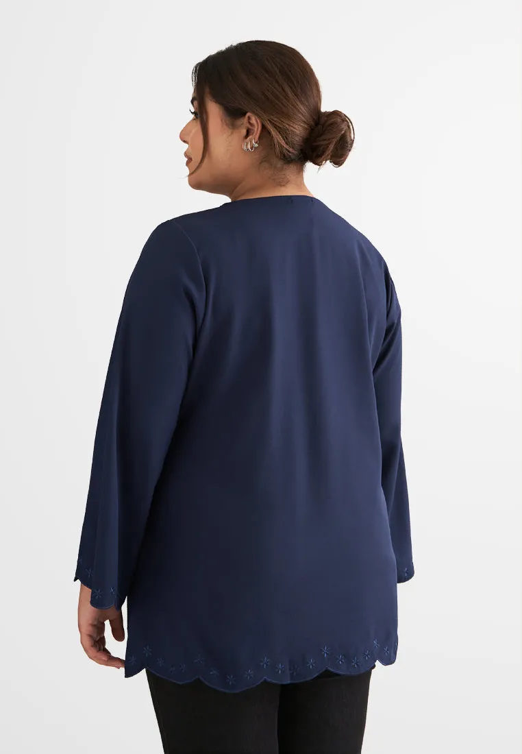 Erica Scallop Embroidery Edge  Blouse - Dark Blue