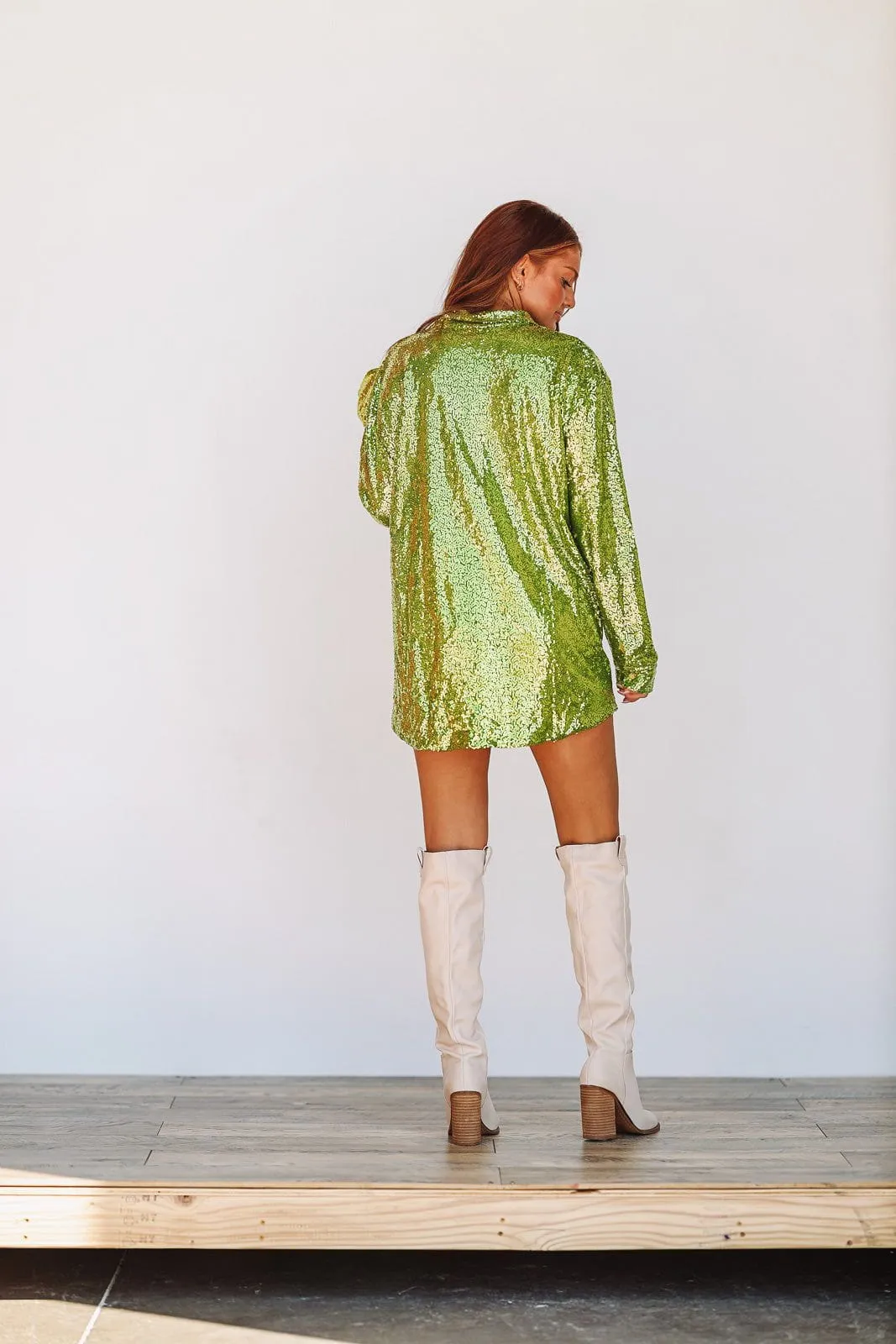 Everything Sequin Button Down Dress - Lime Green