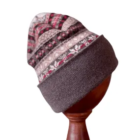 Fair Isle Knit Lambswool Hat - Red & Taupe