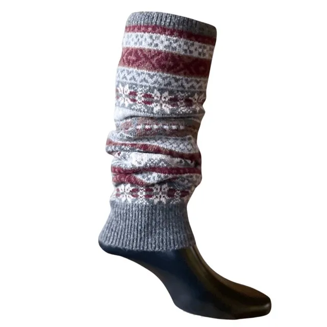 Fair Isle Knit Lambswool Leg Warmers - Silver Grey