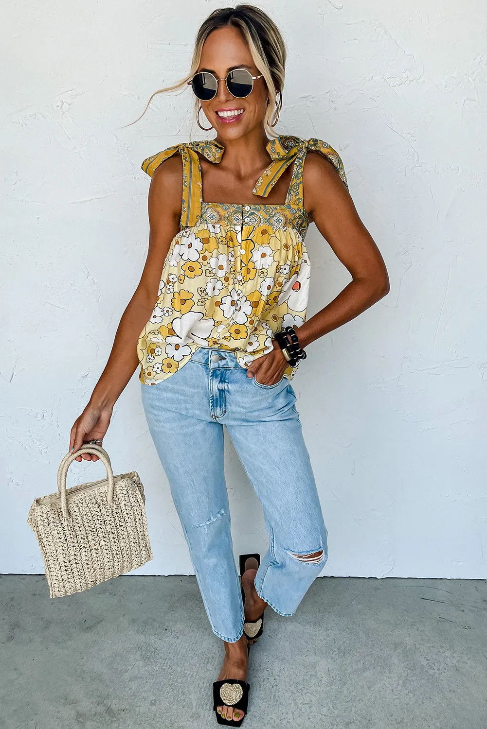 Floral Patchwork Tied Straps Buttoned Tank Top