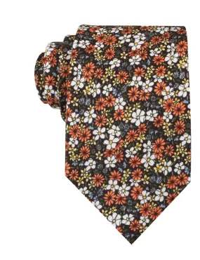 Floral Tie - Dark Brown with Orange, Yellow, White & Blue