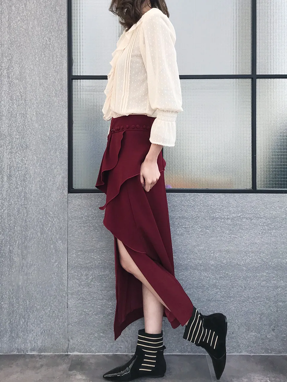 Further Sale! Burgundy Ruffle Side Ponte Pencil Maxi Skirt