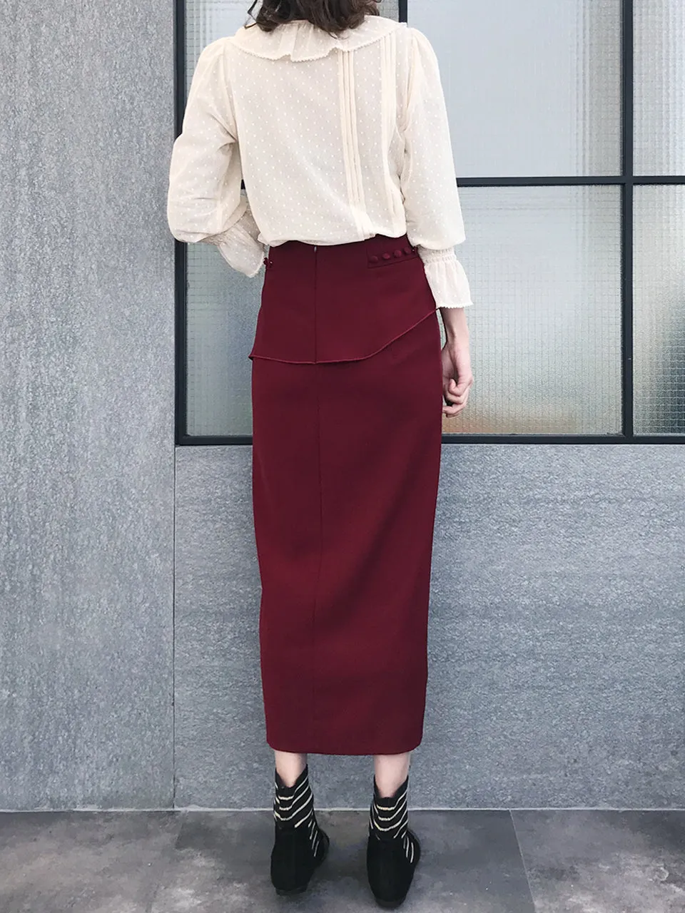 Further Sale! Burgundy Ruffle Side Ponte Pencil Maxi Skirt