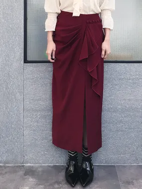 Further Sale! Burgundy Ruffle Side Ponte Pencil Maxi Skirt