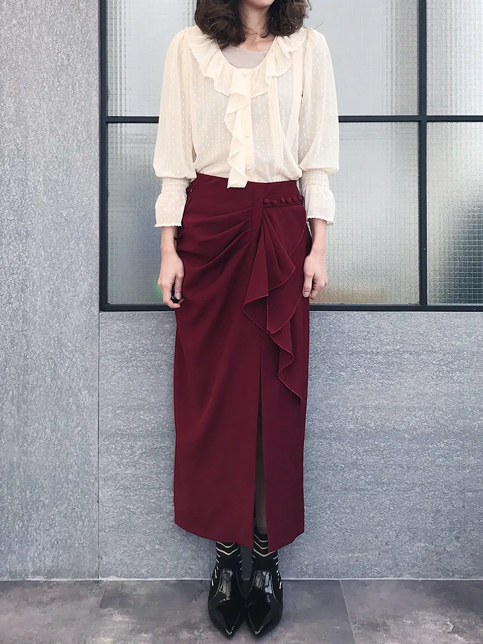 Further Sale! Burgundy Ruffle Side Ponte Pencil Maxi Skirt