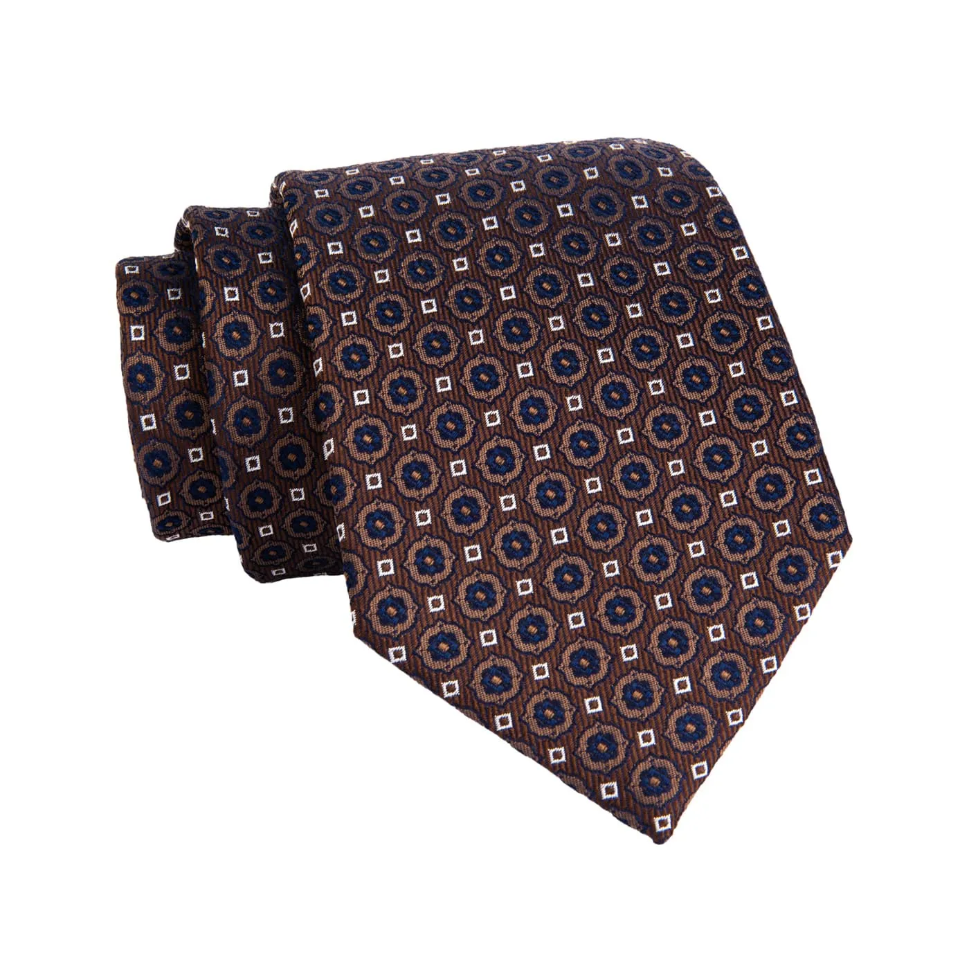 Georgetown Foulard Silk Tie, Brownish Gold / Navy / Silver