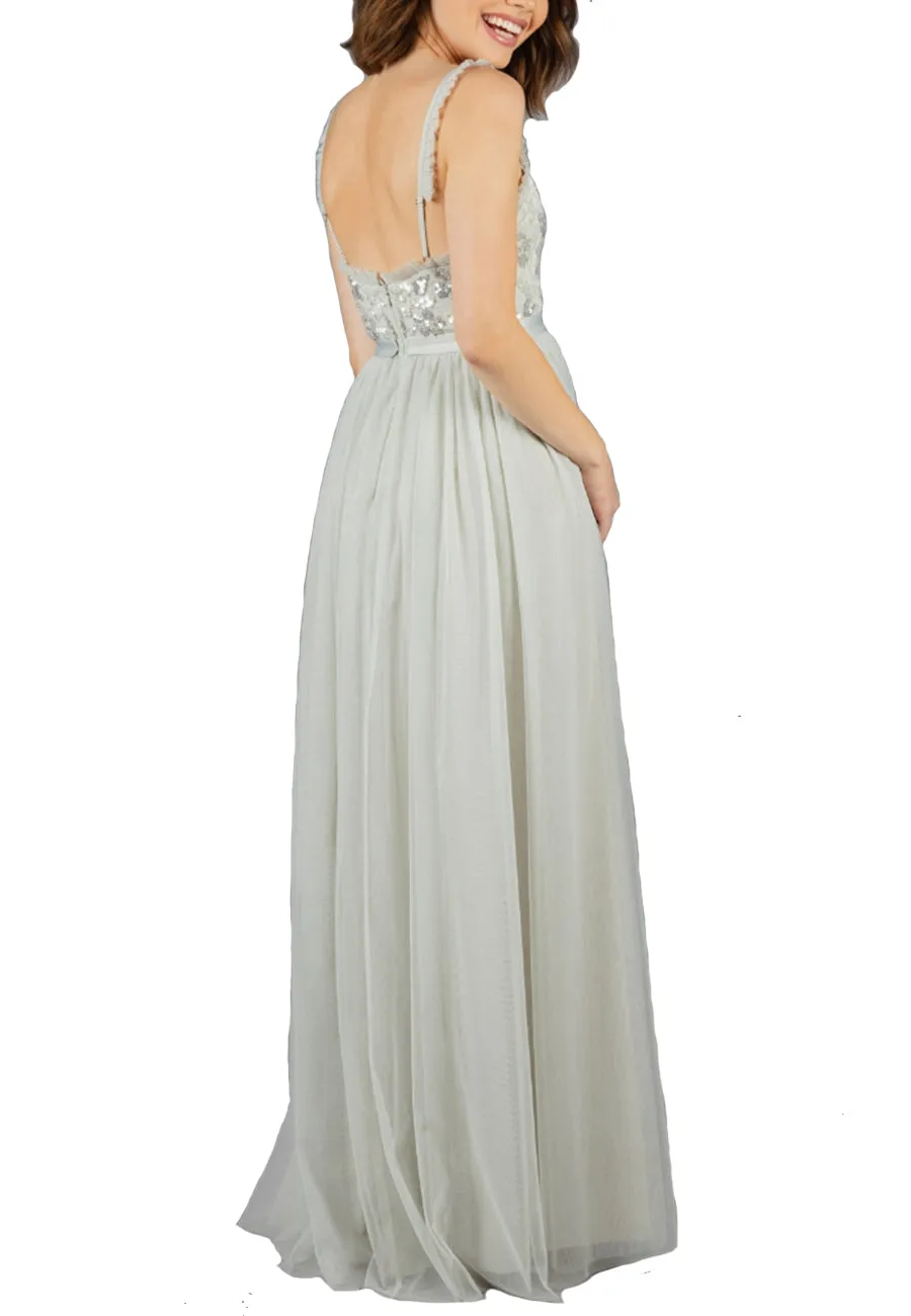 Grey Sequins Sleeveless Tulle Maxi Dress