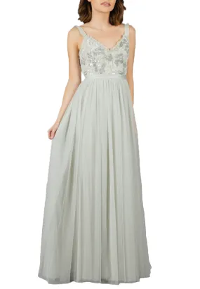 Grey Sequins Sleeveless Tulle Maxi Dress