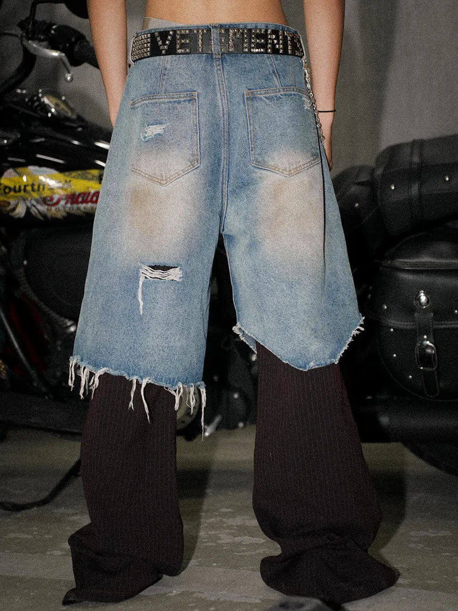 Hand-Distressed Mud-Dyed Patchwork Trousers And Jeans