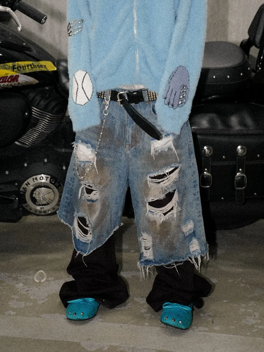 Hand-Distressed Mud-Dyed Patchwork Trousers And Jeans