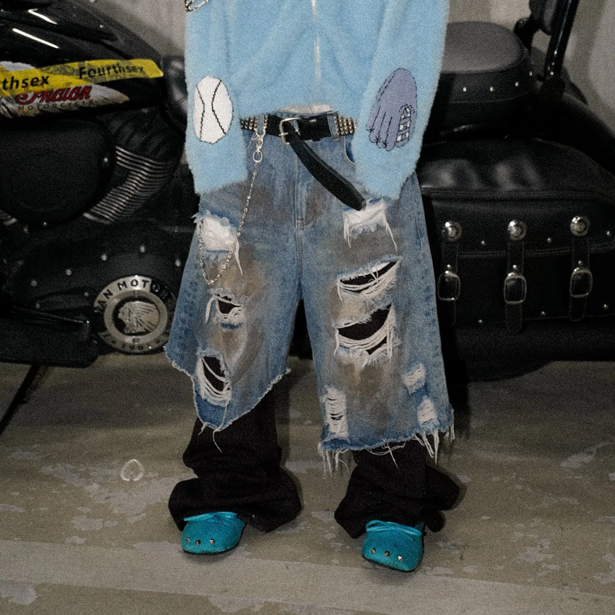 Hand-Distressed Mud-Dyed Patchwork Trousers And Jeans