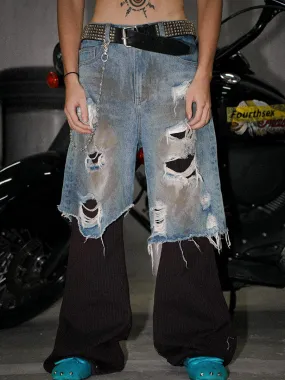 Hand-Distressed Mud-Dyed Patchwork Trousers And Jeans