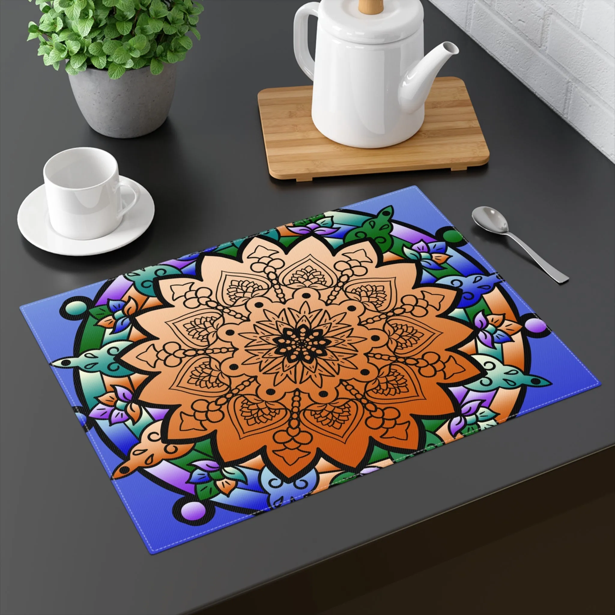 Hand Drawn Mandala Placemat - Blue-Orange, 1pc