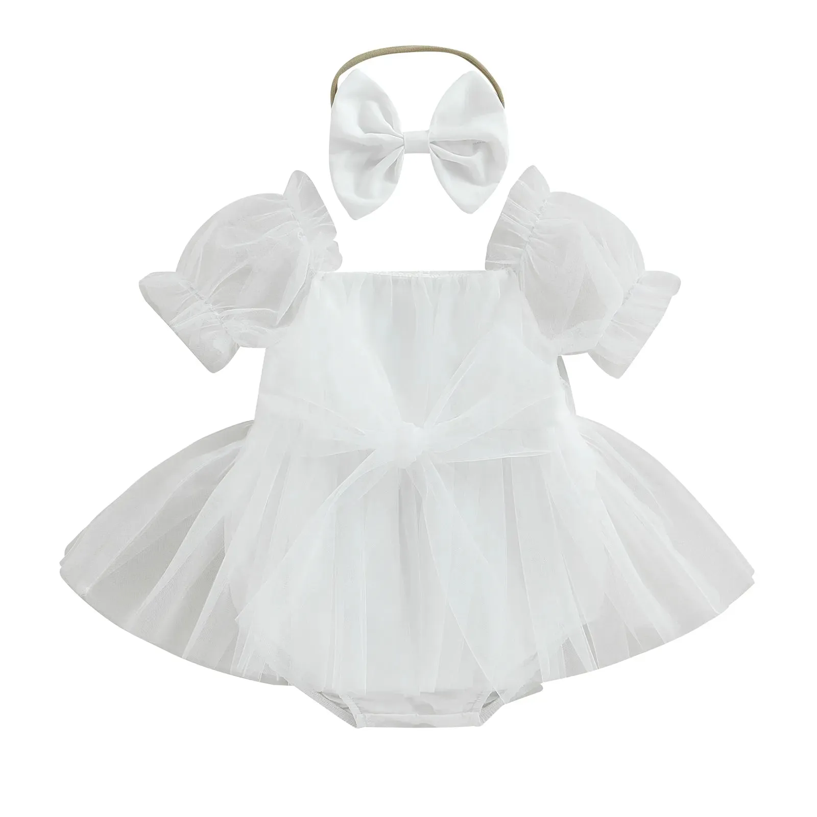 Handmade 0-24M Princess Baby Girl Romper Newborn Infant, Toddler Tulle Jumpsuit  Headband Princess Birthday Puff Sleeve Outfits, Reborn Tulle Jumpsuit Set