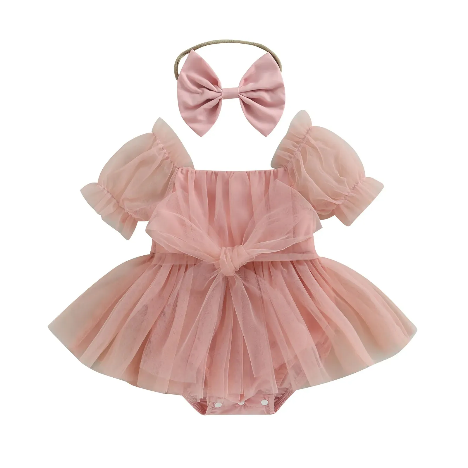 Handmade 0-24M Princess Baby Girl Romper Newborn Infant, Toddler Tulle Jumpsuit  Headband Princess Birthday Puff Sleeve Outfits, Reborn Tulle Jumpsuit Set