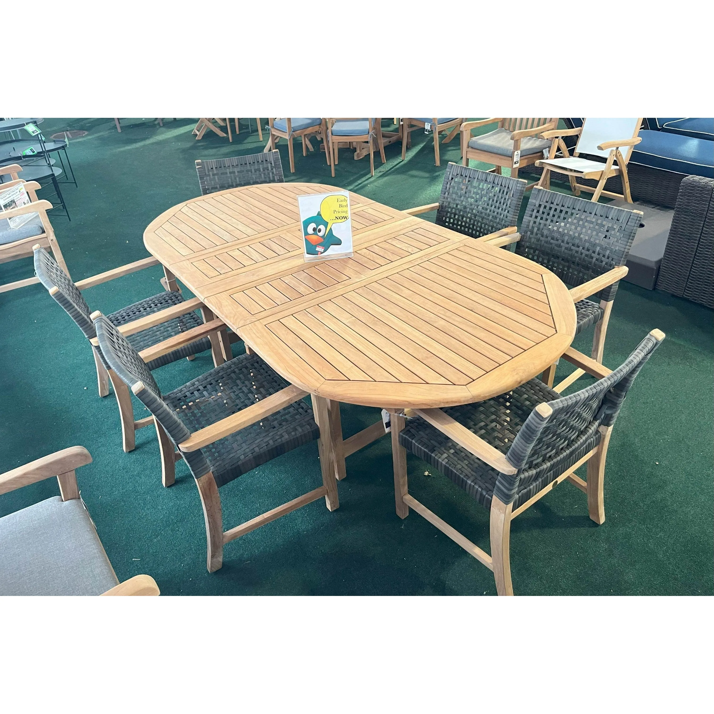 Harbour Teak Outdoor Dining Set (Teak Extendable Oval Table 71-95" with 6 Sanur Woven Armchairs)