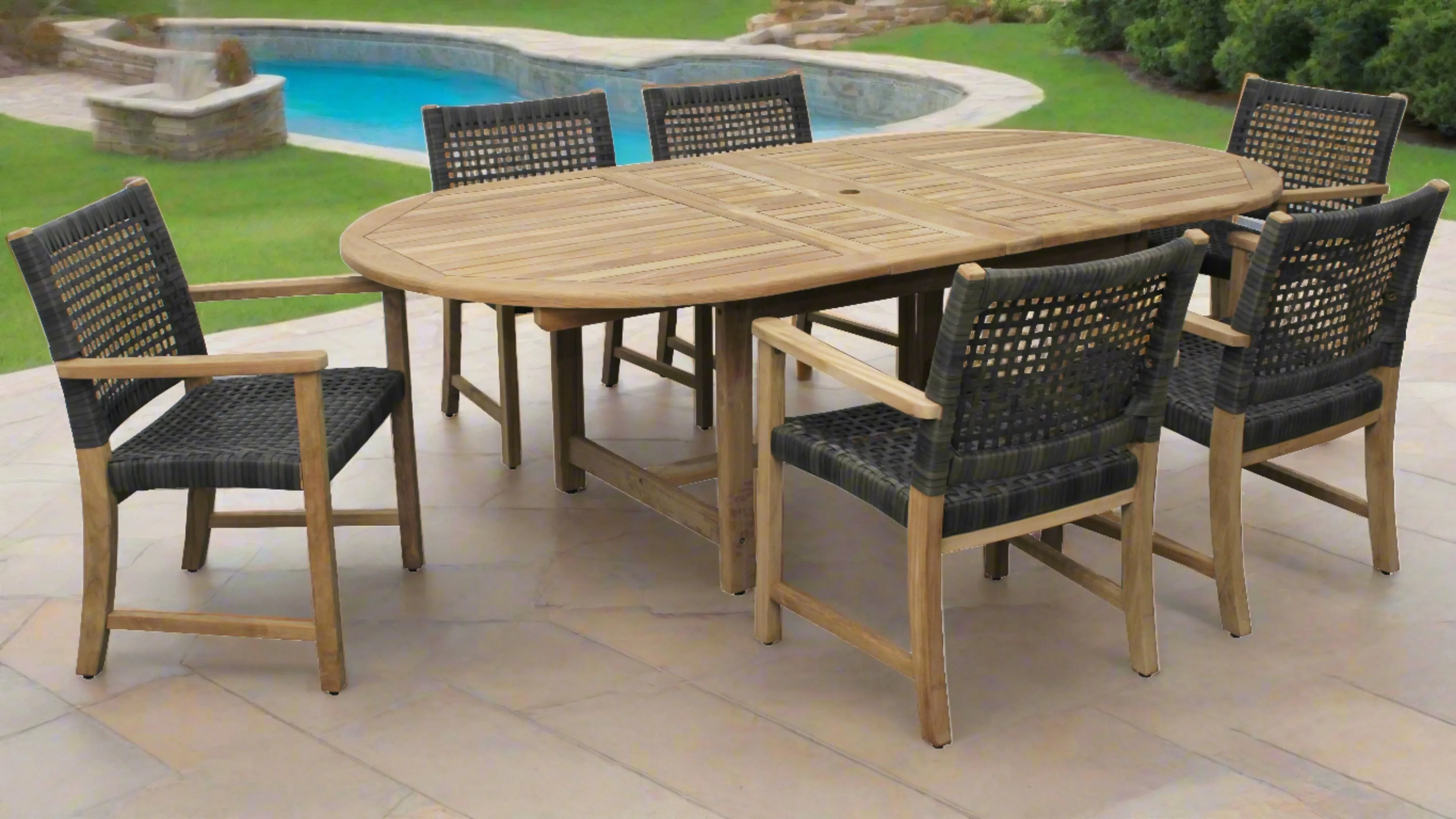 Harbour Teak Outdoor Dining Set (Teak Extendable Oval Table 71-95" with 6 Sanur Woven Armchairs)