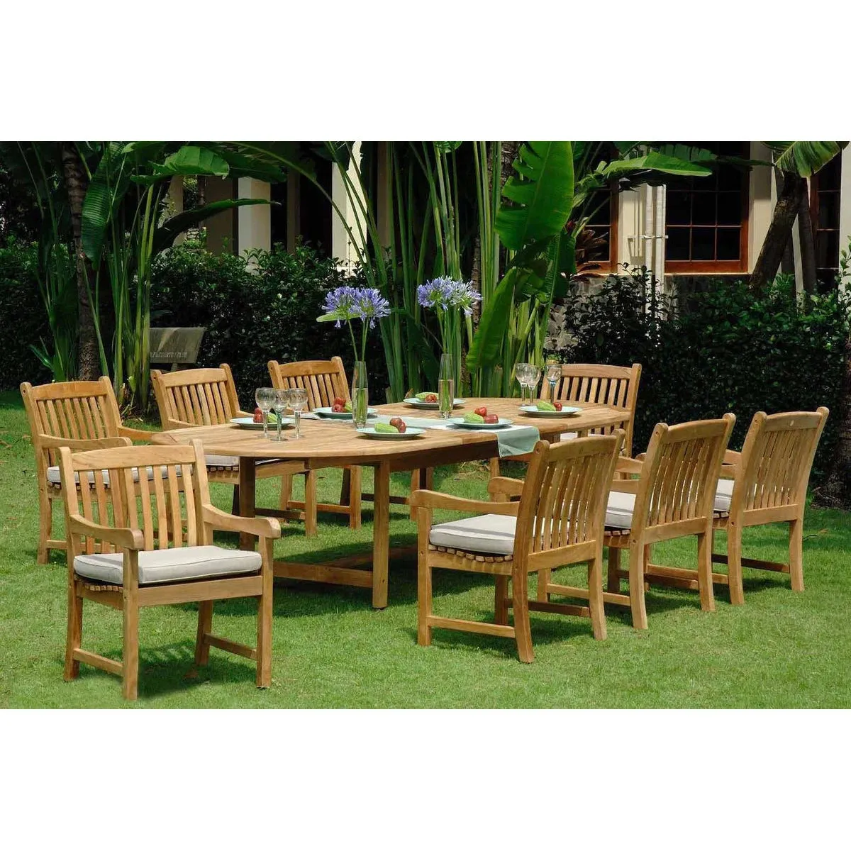 Harbour Teak Outdoor Dining Set (Teak Extendable Oval Table 71-95" with 6 Sanur Woven Armchairs)