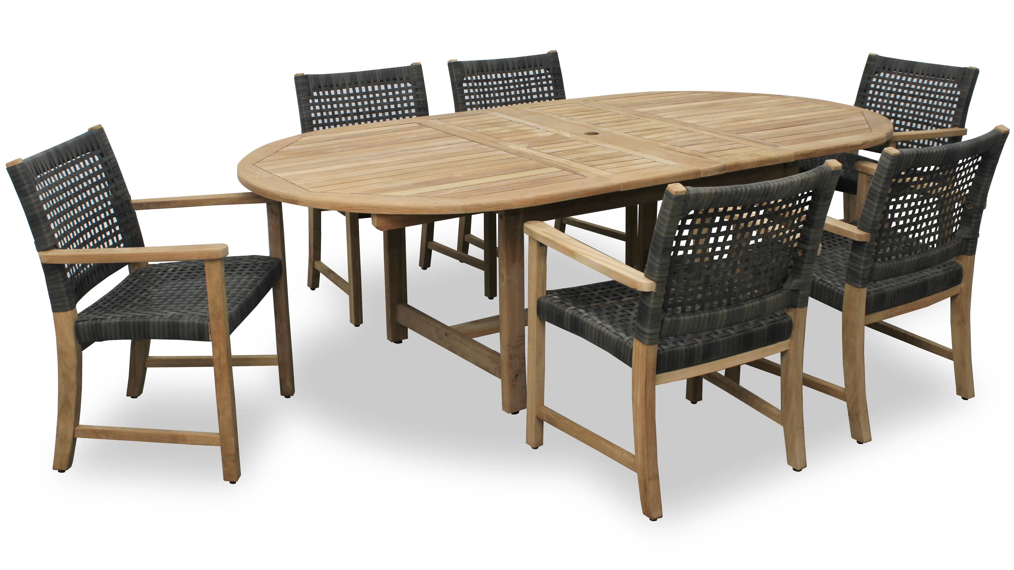 Harbour Teak Outdoor Dining Set (Teak Extendable Oval Table 71-95" with 6 Sanur Woven Armchairs)