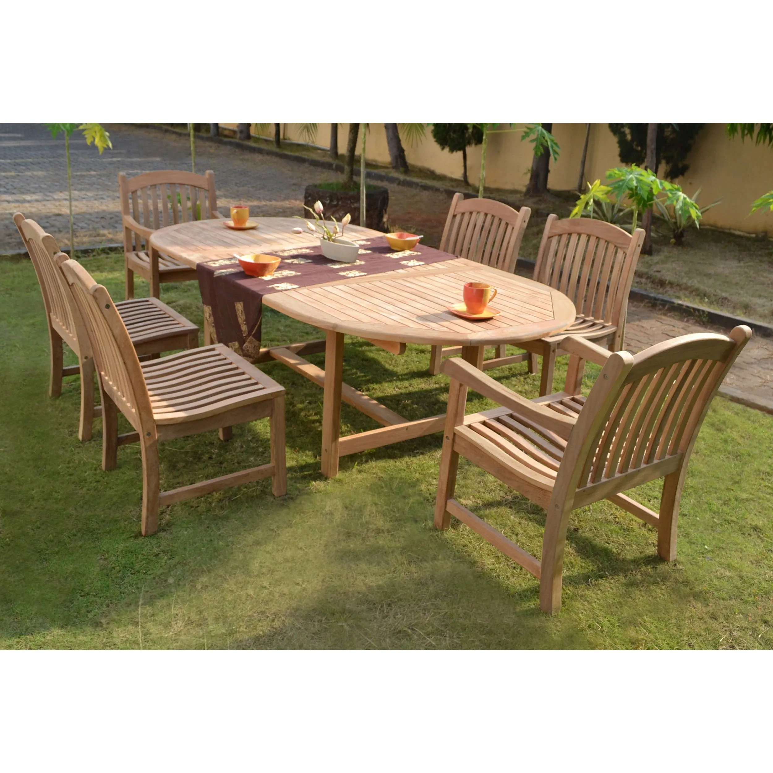 Harbour Teak Outdoor Dining Set (Teak Extendable Oval Table 71-95" with 6 Sanur Woven Armchairs)