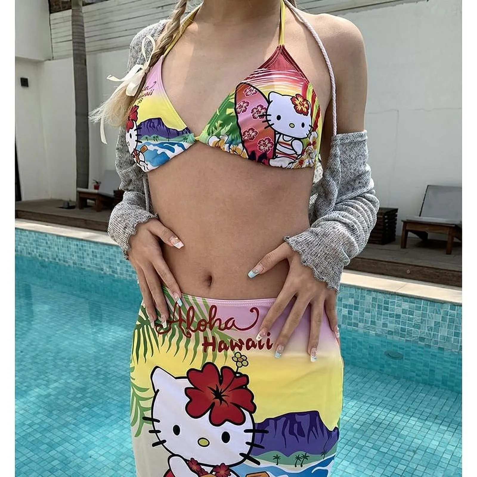 Hello Kitty Cartoon Hawaii Holiday Bikini Women Swimsuit Hot Girl Colorful Summer Brazilian Sexy Beachwear Biquini Bathing Suit wy - Walmart.com