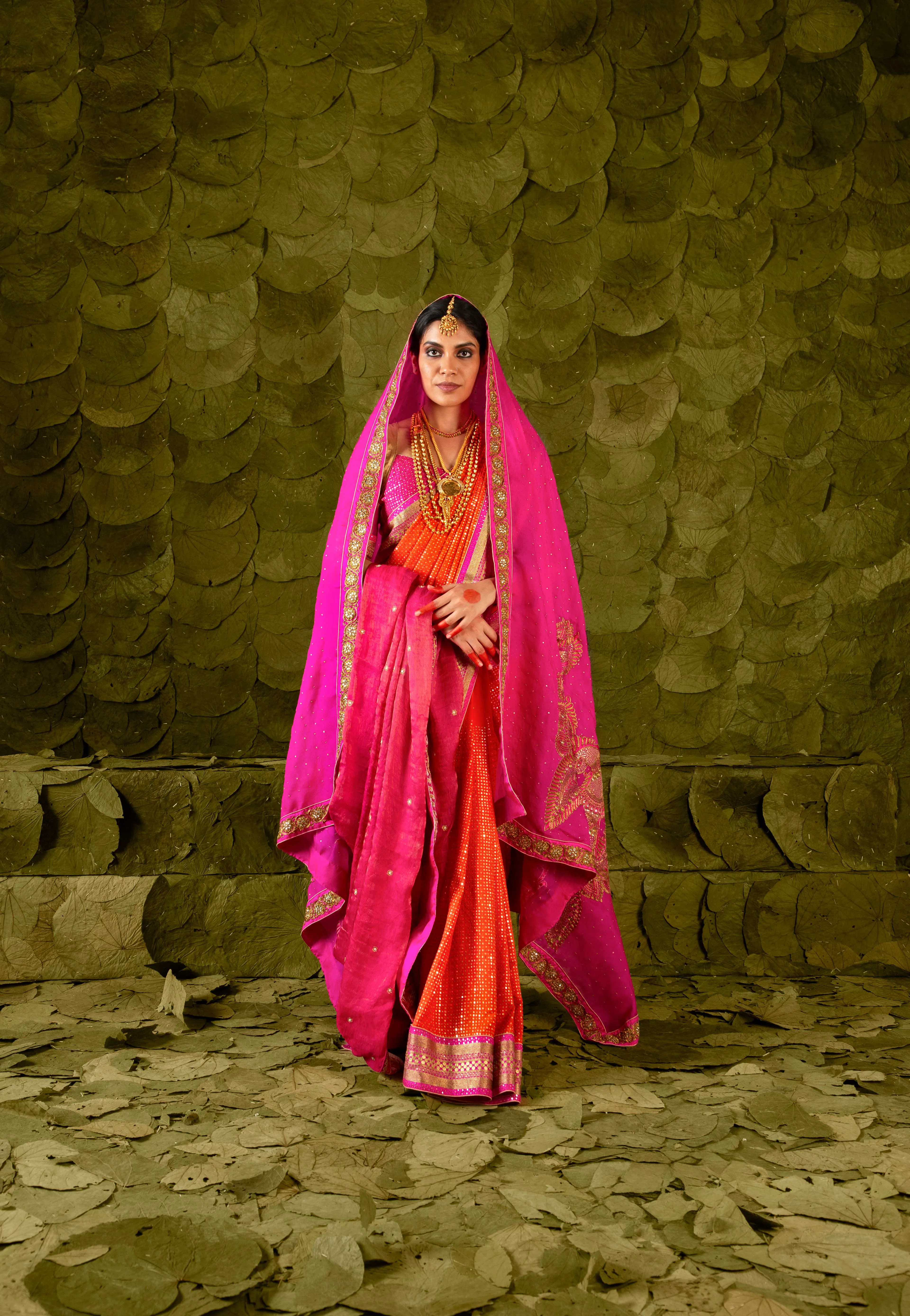 Heṇṇu (ಹೆಣ್ಣು) Saree in Signal Orange and Shocking Pink