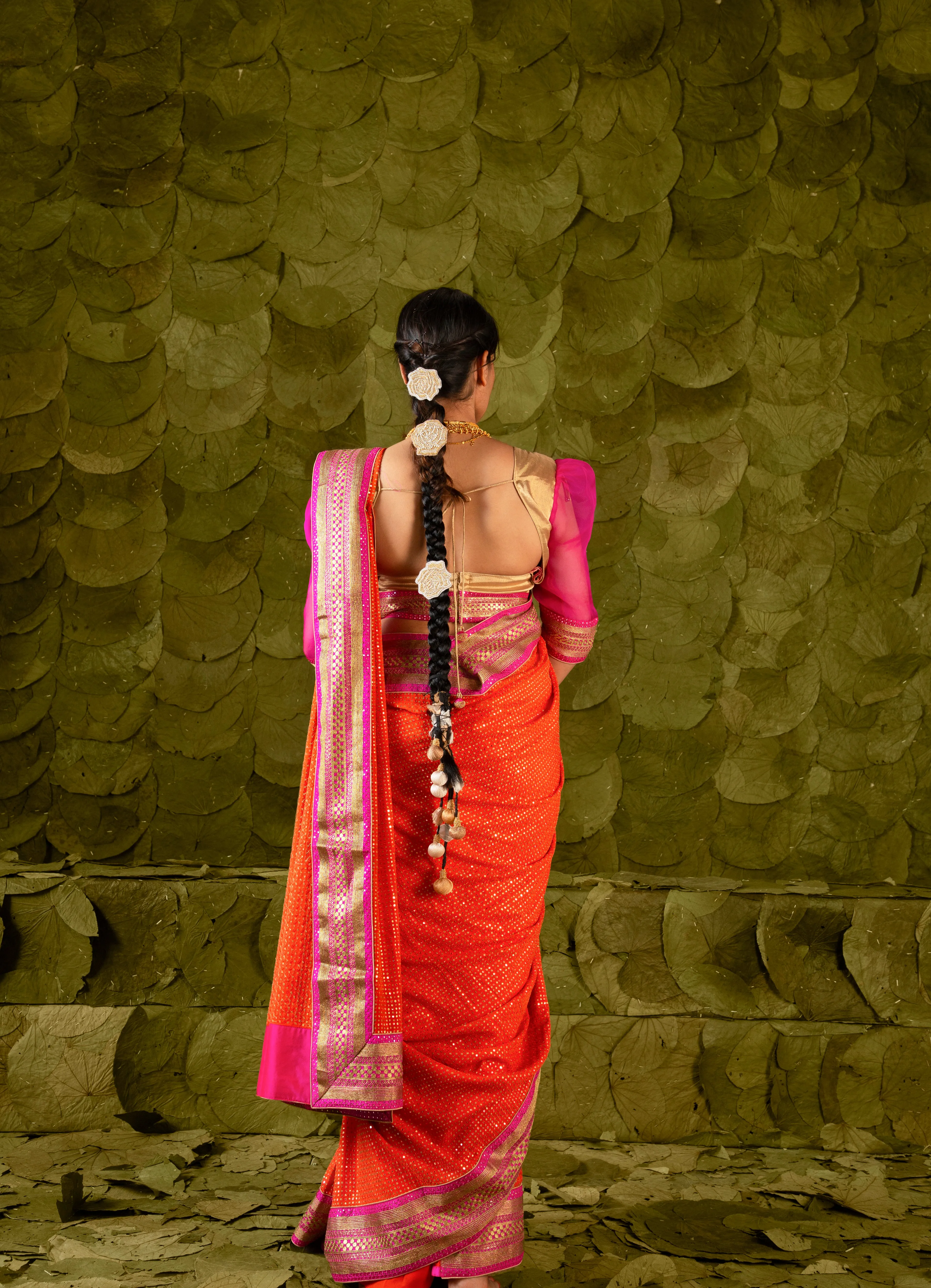 Heṇṇu (ಹೆಣ್ಣು) Saree in Signal Orange and Shocking Pink