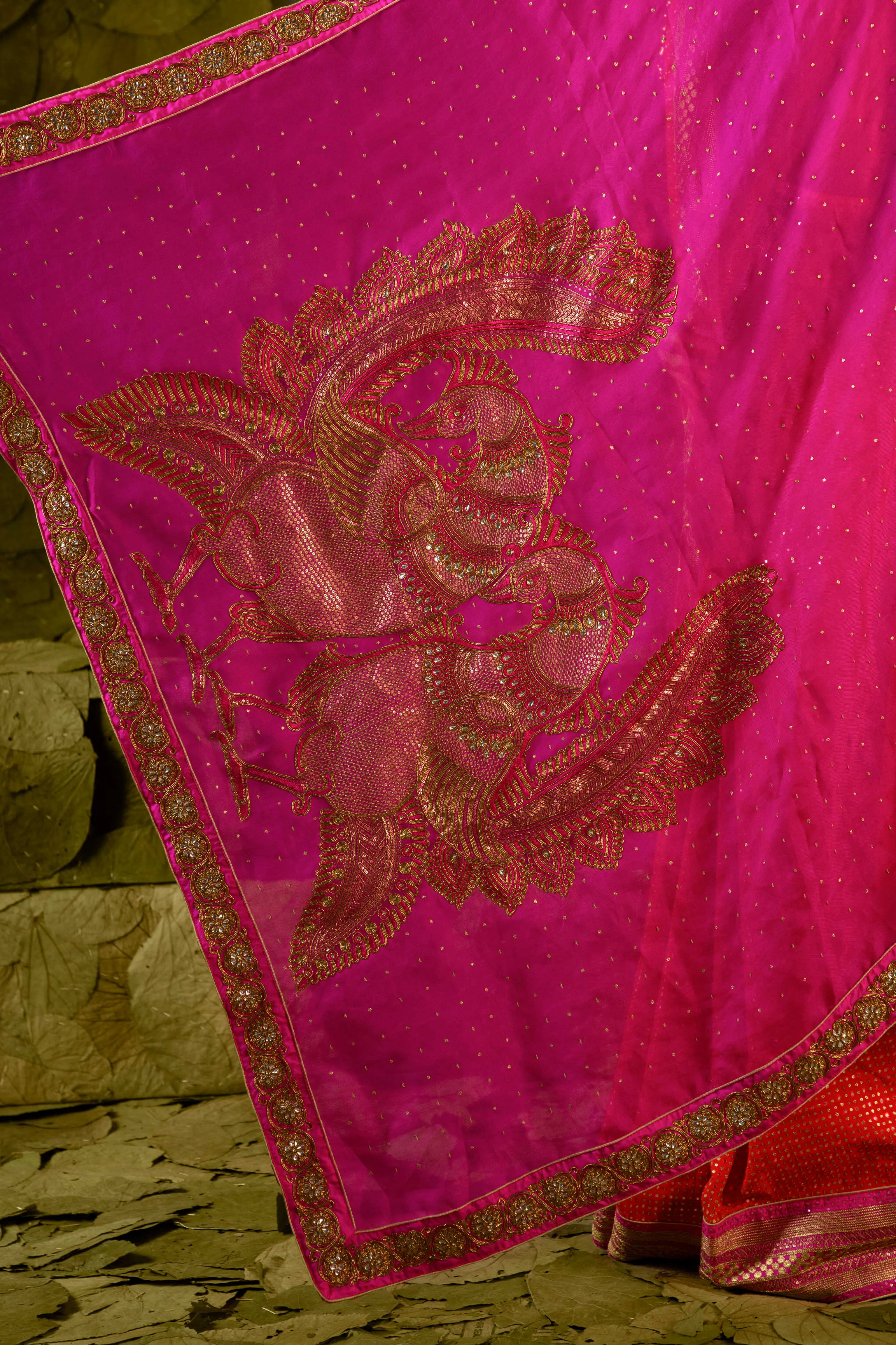 Heṇṇu (ಹೆಣ್ಣು) Saree in Signal Orange and Shocking Pink