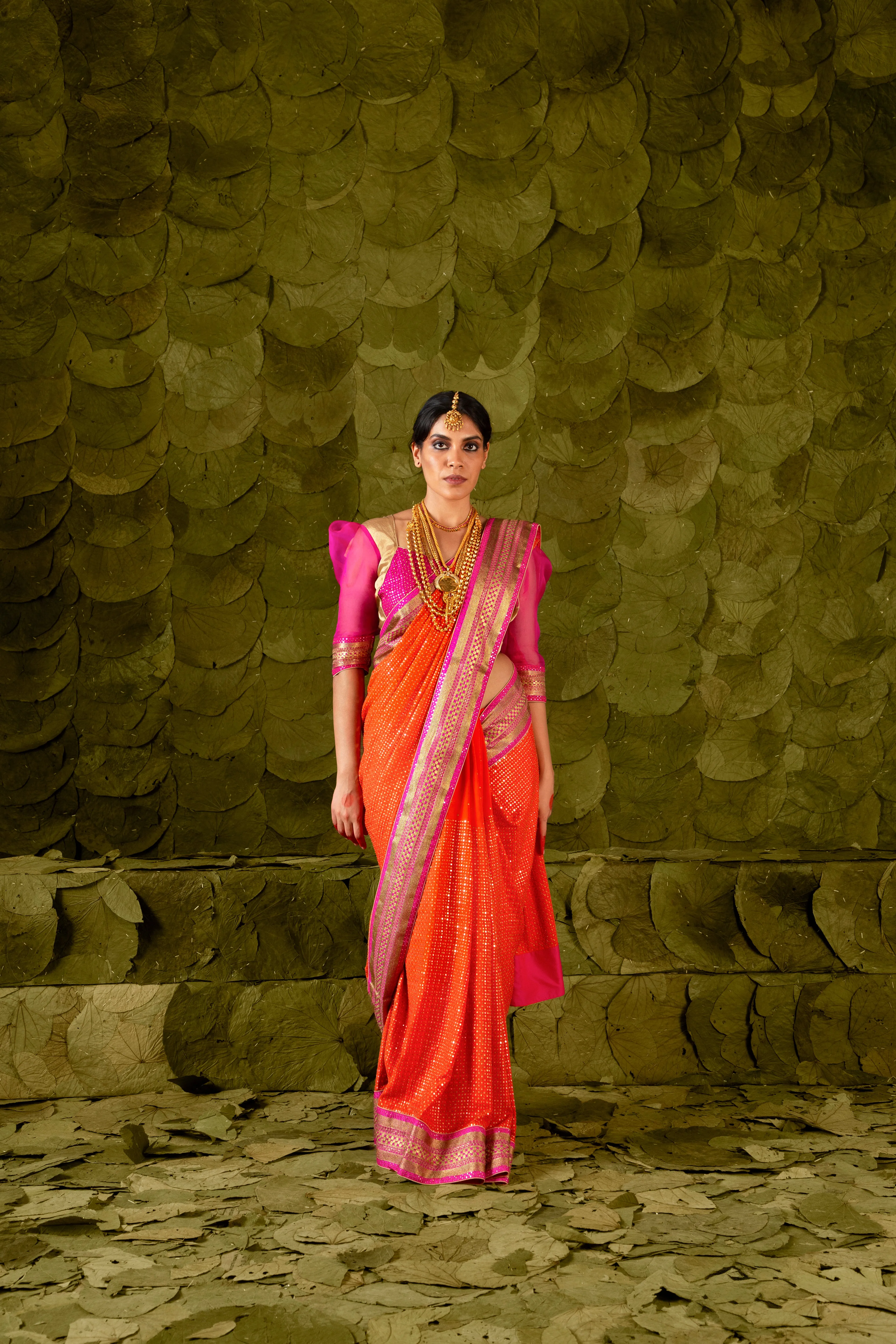 Heṇṇu (ಹೆಣ್ಣು) Saree in Signal Orange and Shocking Pink