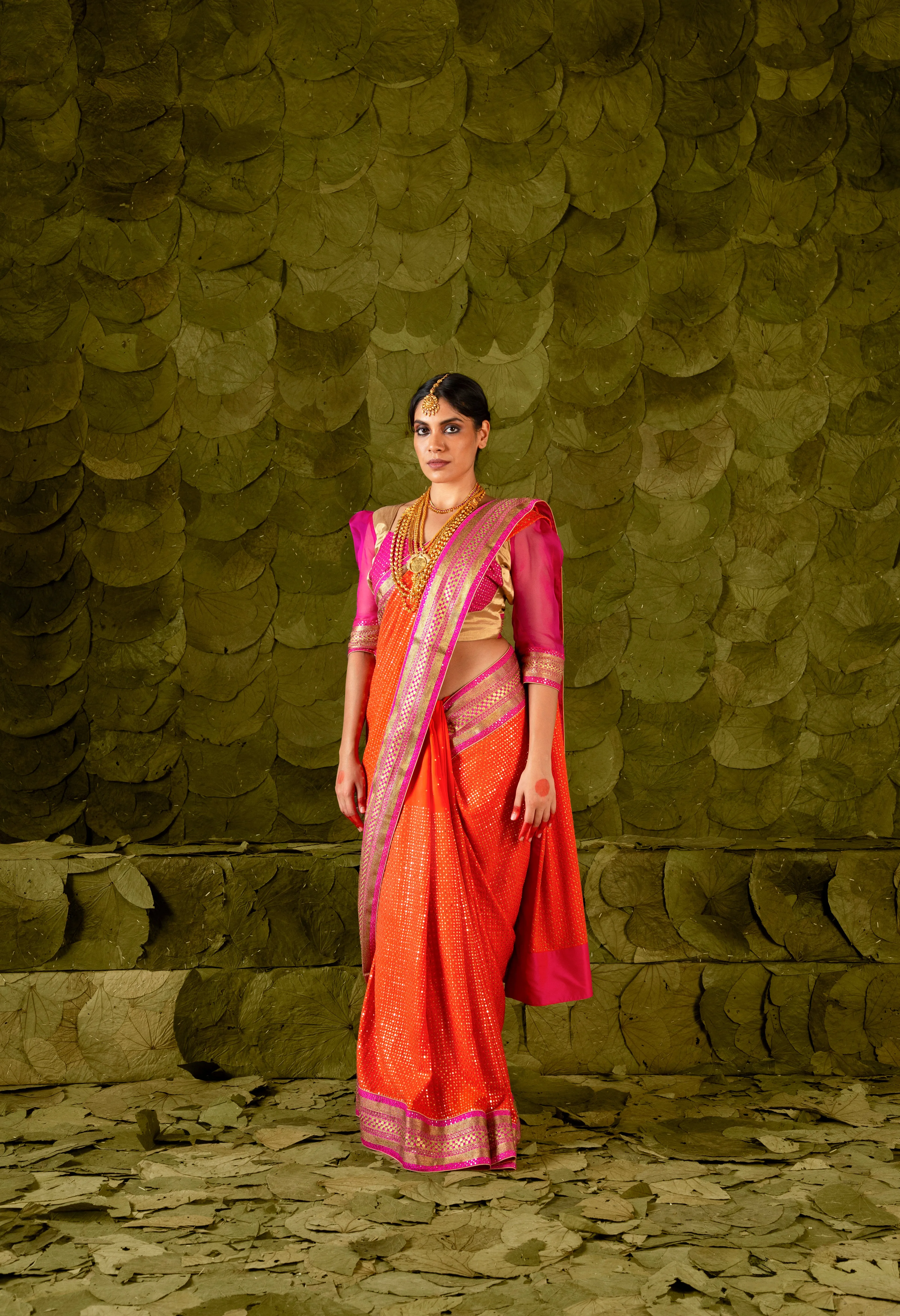 Heṇṇu (ಹೆಣ್ಣು) Saree in Signal Orange and Shocking Pink