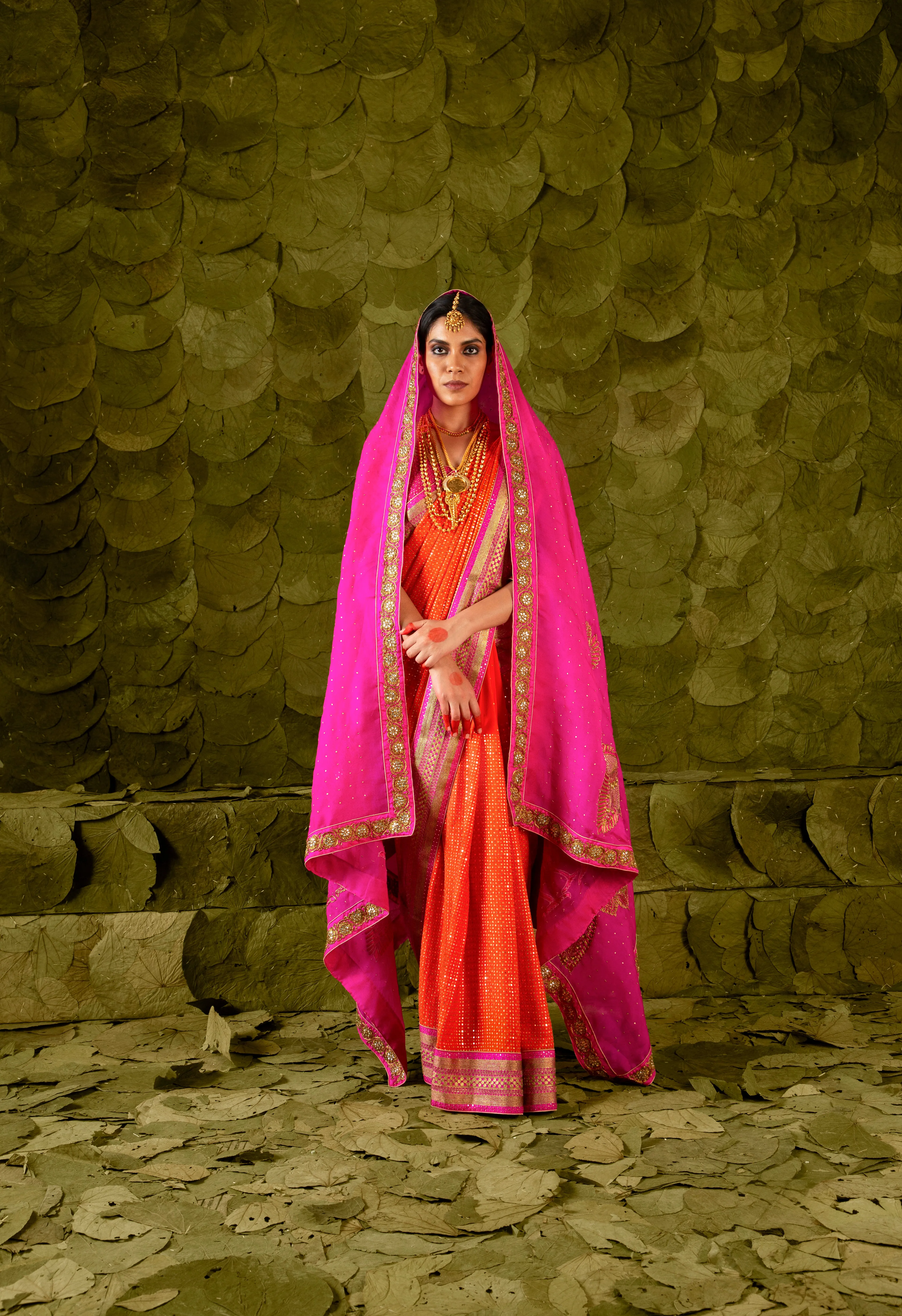 Heṇṇu (ಹೆಣ್ಣು) Saree in Signal Orange and Shocking Pink