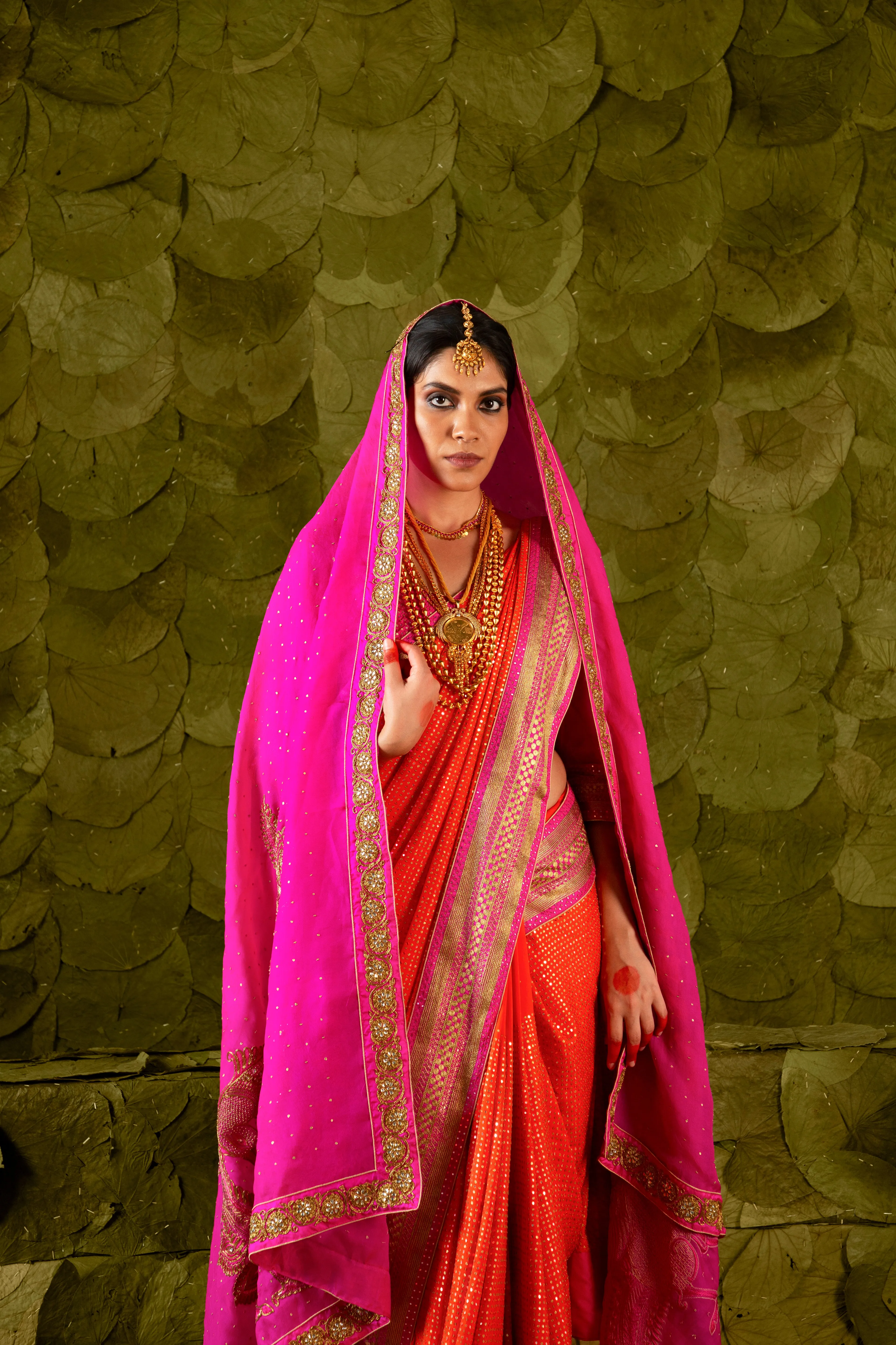 Heṇṇu (ಹೆಣ್ಣು) Saree in Signal Orange and Shocking Pink