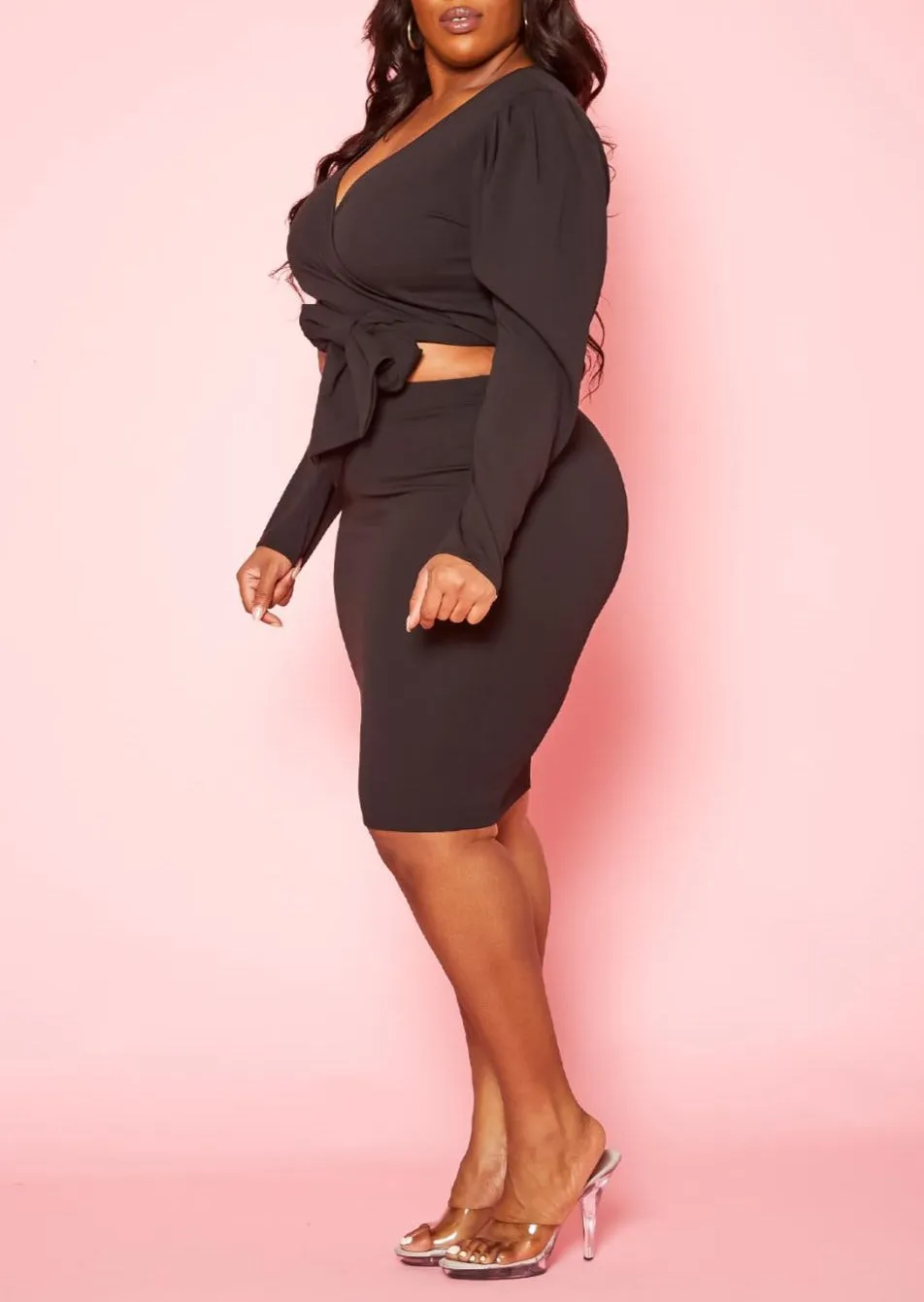 Hi Curvy Plus Size Women Long Sleeve Wrap Blouse & Pencil Skirt Set