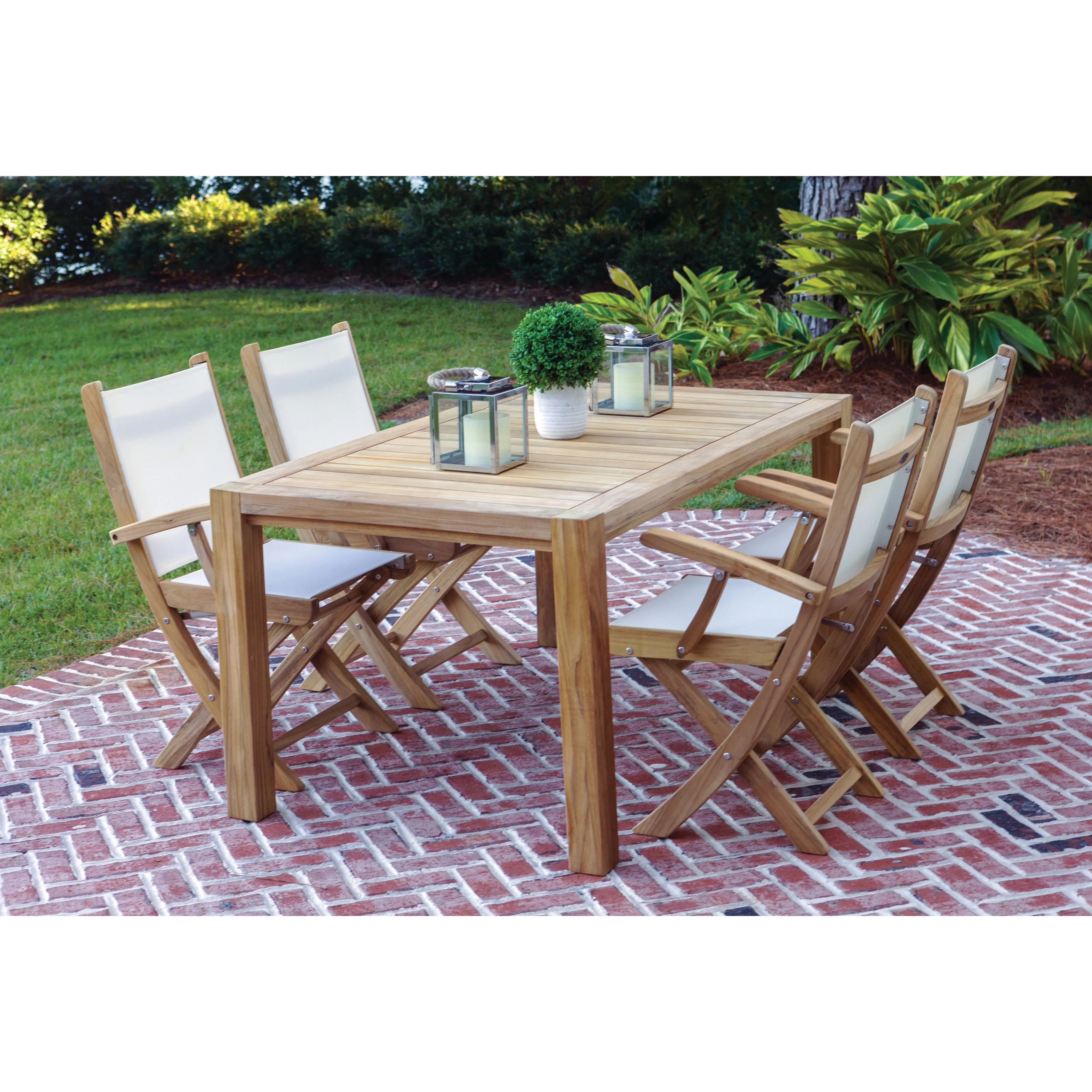 Katana Teak 7pc Outdoor Dining Set (Teak 86" Rectangular Table with 6 Teak Folding Yacht Armchairs)