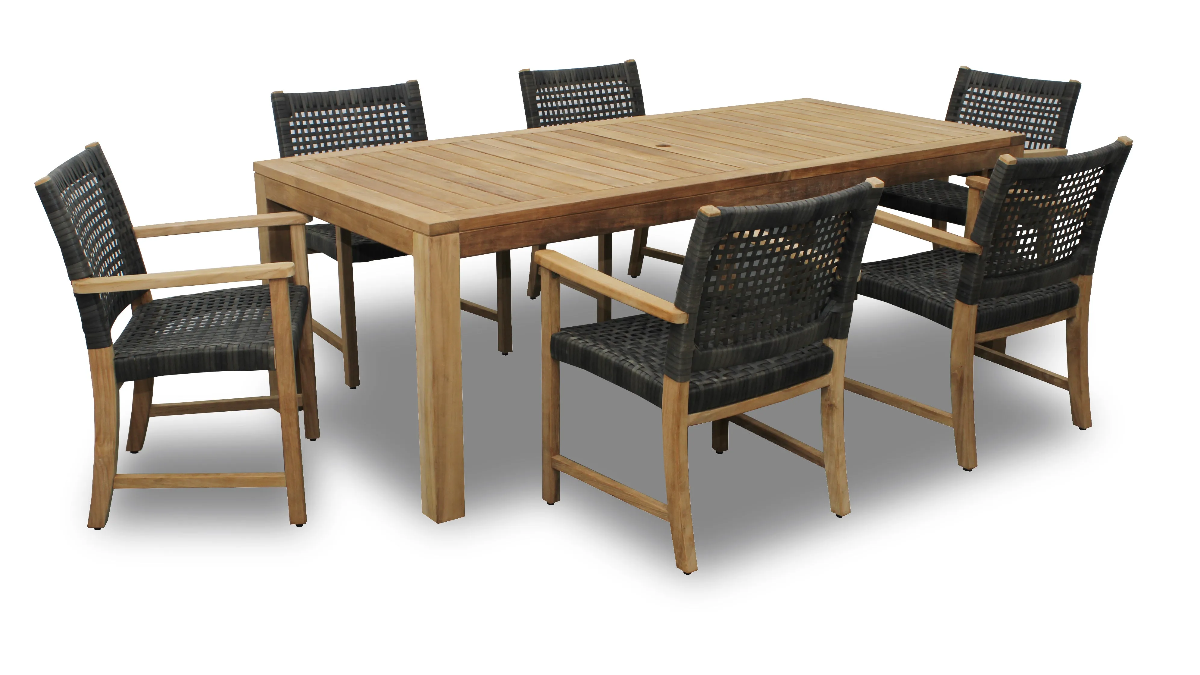 Katana Teak 7pc Outdoor Dining Set (Teak 86" Rectangular Table with 6 Woven Sanur Armchairs)