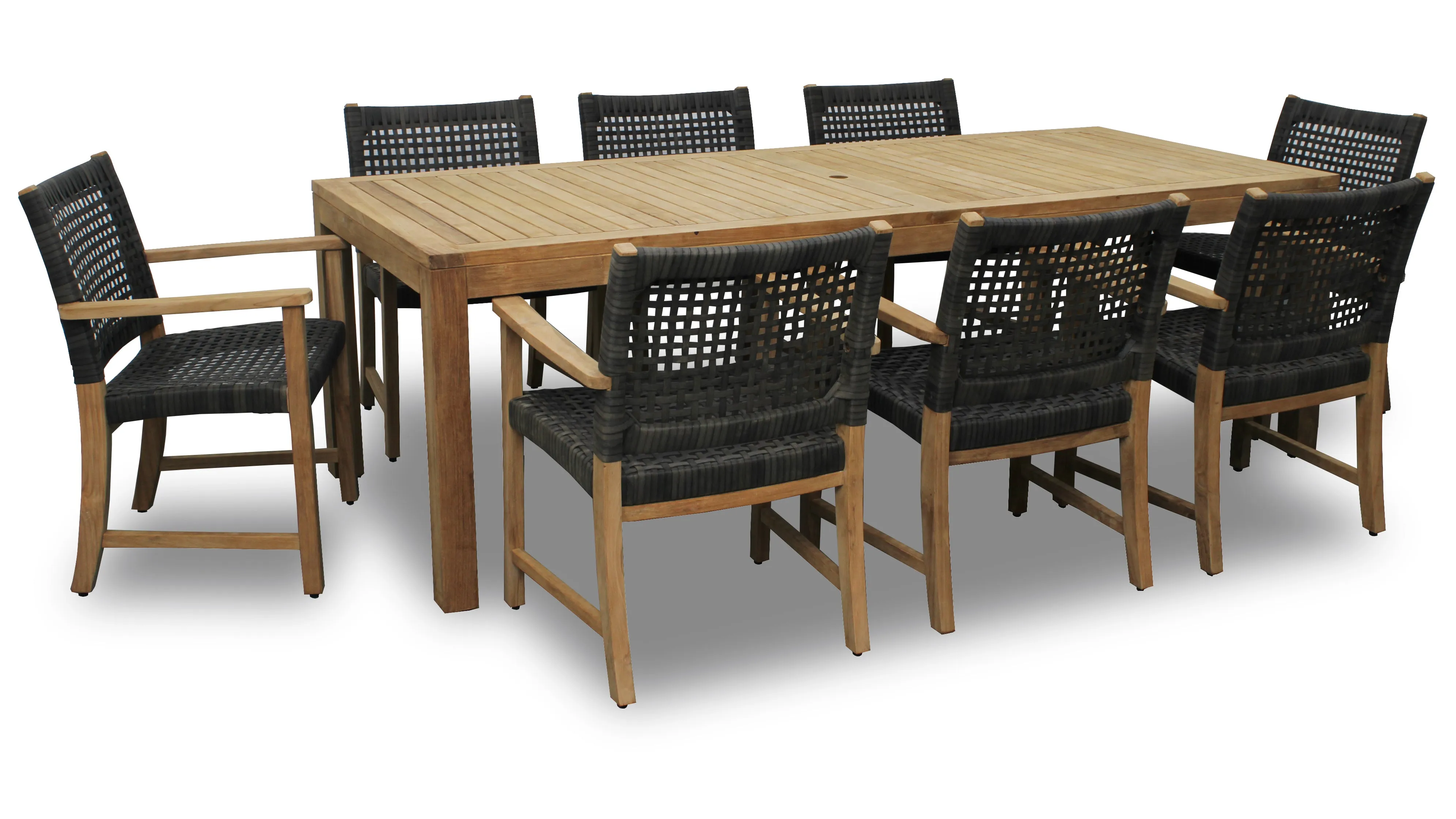 Katana Teak 7pc Outdoor Dining Set (Teak 86" Rectangular Table with 6 Woven Sanur Armchairs)