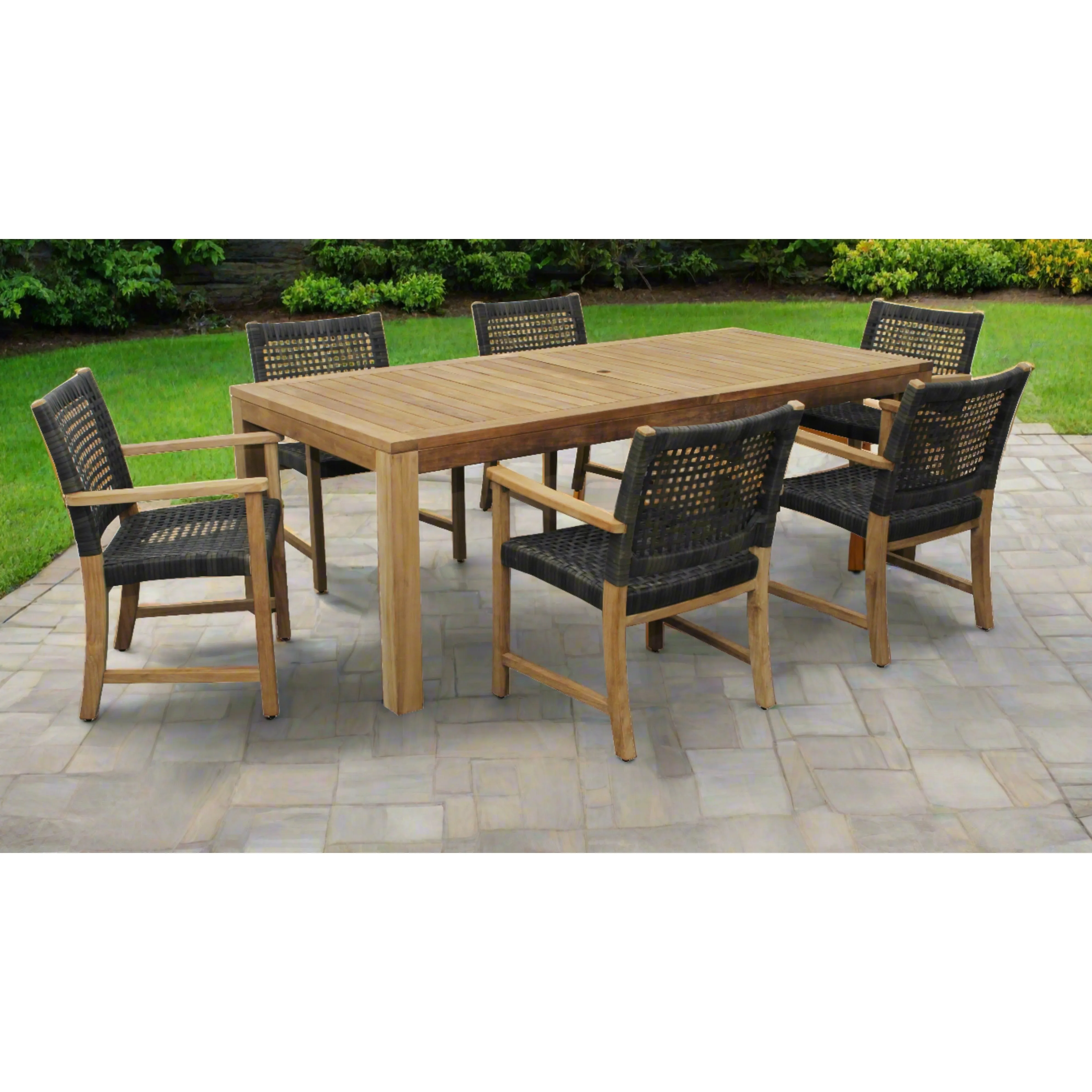 Katana Teak 7pc Outdoor Dining Set (Teak 86" Rectangular Table with 6 Woven Sanur Armchairs)