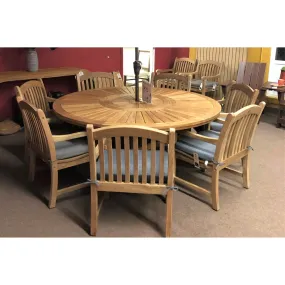 Komodo Teak 7pc Outdoor Dining Set (Teak 70" Round Table w Built-in Lazy Susan with 6 Teak Tista Armchairs  FREE Cushions)