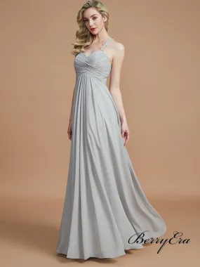 Lace Straps A-line Grey Chiffon Long Bridesmaid Dresses