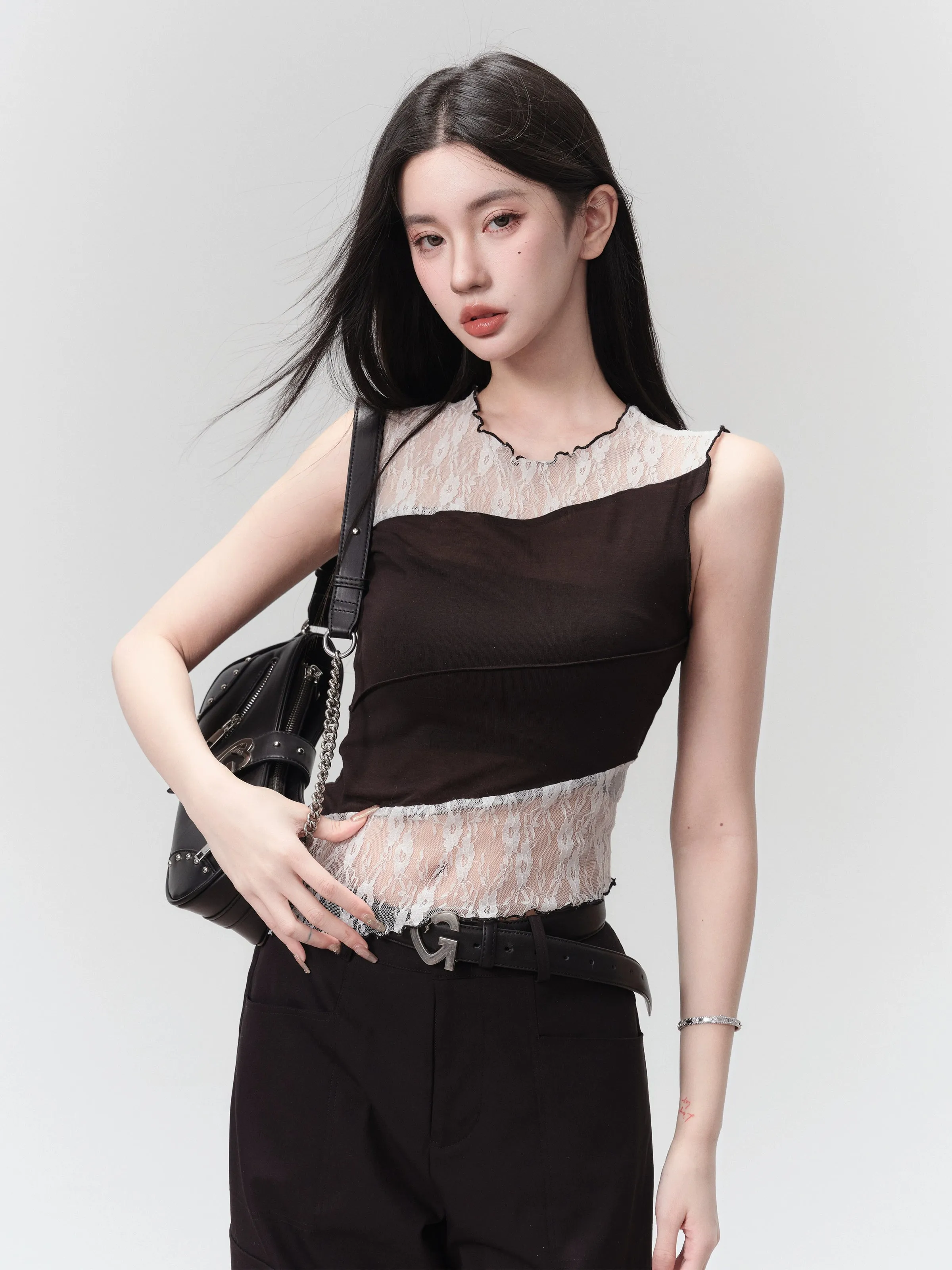 Lace Trim Sleeveless Asymmetrical Crop Top