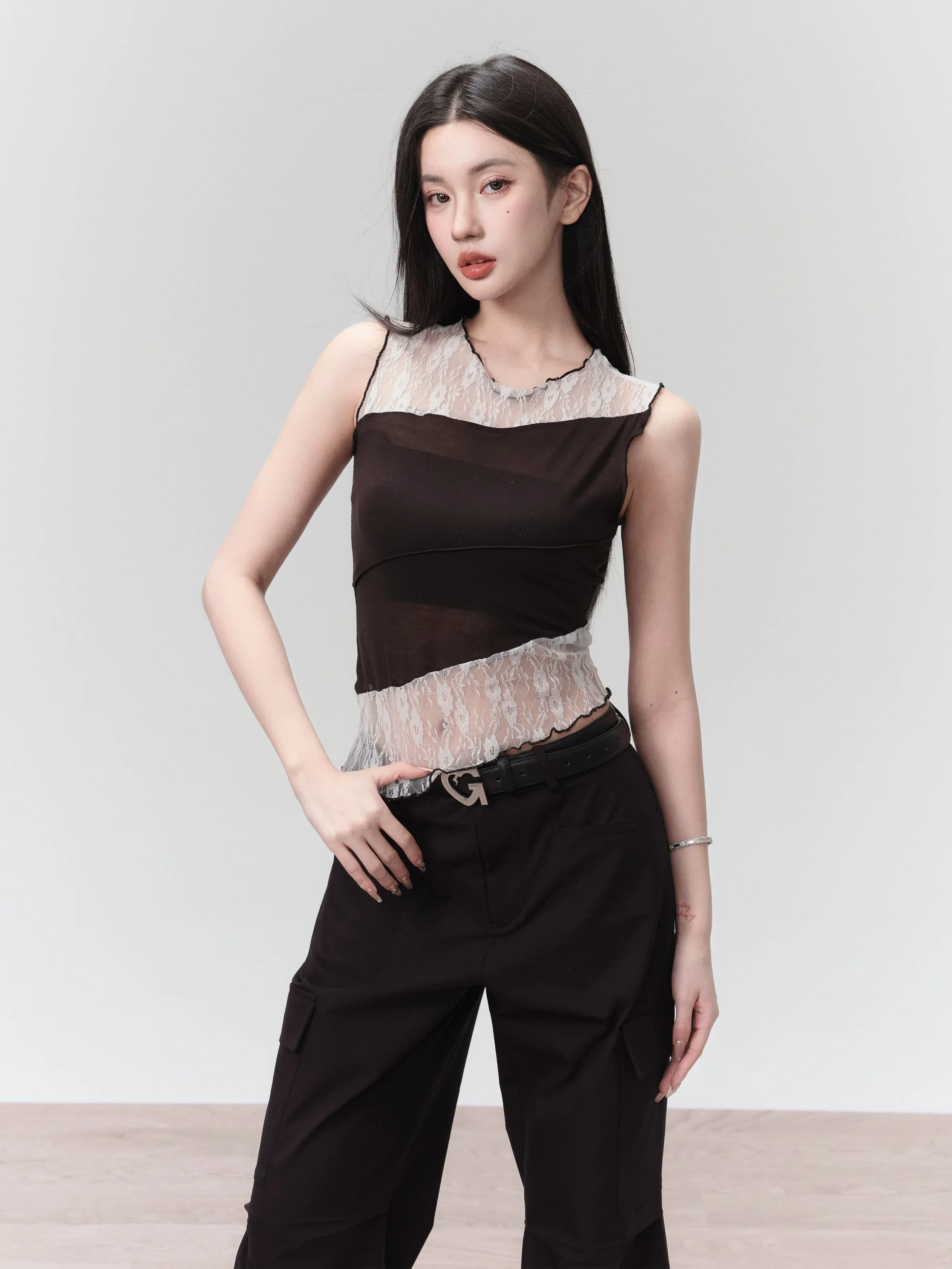 Lace Trim Sleeveless Asymmetrical Crop Top