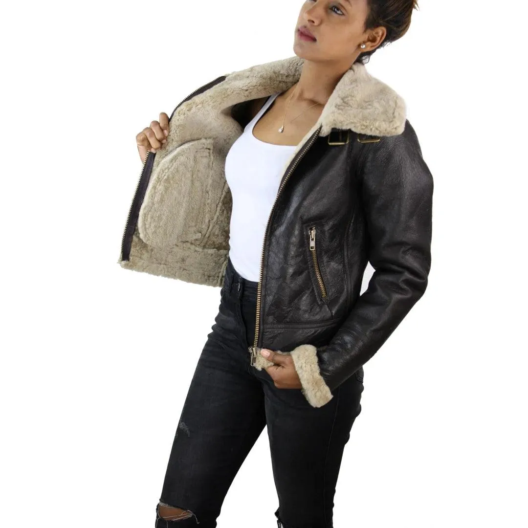 Ladies Real SHEEPSKIN Leather Coat Brown Beige FUR Womens Flying Jacket