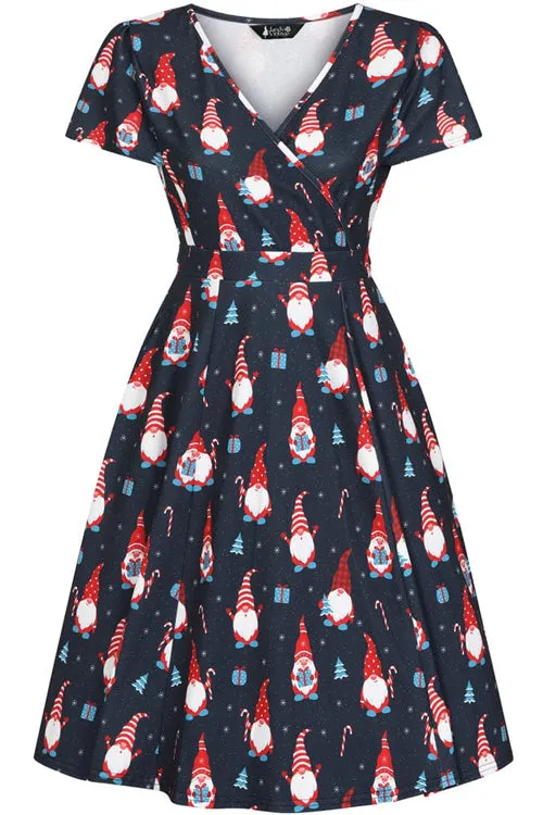 Lady Vintage Lyra Mini Dress in Xmas Gnomes Print Christmas